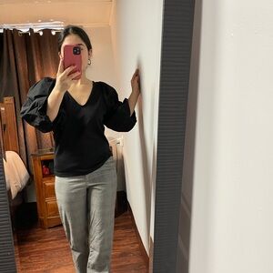 V-Neck Black Puff-Sleeve Blouse
